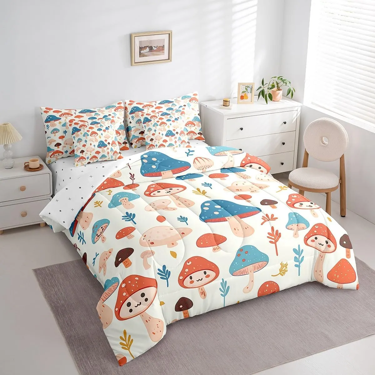 Feelyou Mushrooms Comforter Set Twin Size 7 Pieces Botanical Plants Print Bedding Set for All Season Kawaii Fungus Nature Theme Bed in a Bag with Comforter, Sheets, Pillowcases & Cushion Cover