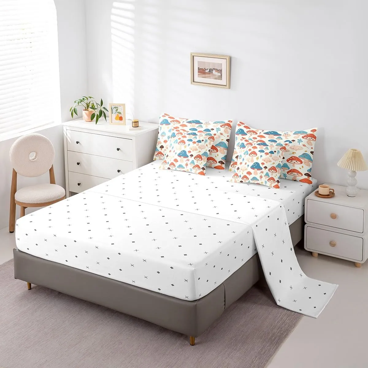 Feelyou Mushrooms Comforter Set Twin Size 7 Pieces Botanical Plants Print Bedding Set for All Season Kawaii Fungus Nature Theme Bed in a Bag with Comforter, Sheets, Pillowcases & Cushion Cover