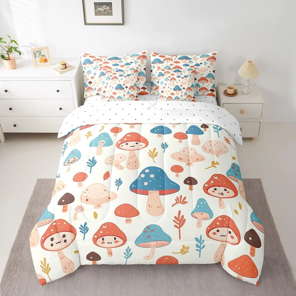 Feelyou Mushrooms Comforter Set Twin Size 7 Pieces Botanical Plants Print Bedding Set for All Season Kawaii Fungus Nature Theme Bed in a Bag with Comforter, Sheets, Pillowcases & Cushion Cover