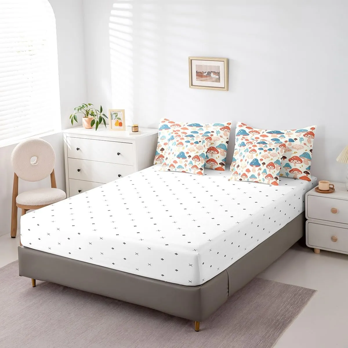 Feelyou Mushrooms Comforter Set Twin Size 7 Pieces Botanical Plants Print Bedding Set for All Season Kawaii Fungus Nature Theme Bed in a Bag with Comforter, Sheets, Pillowcases & Cushion Cover