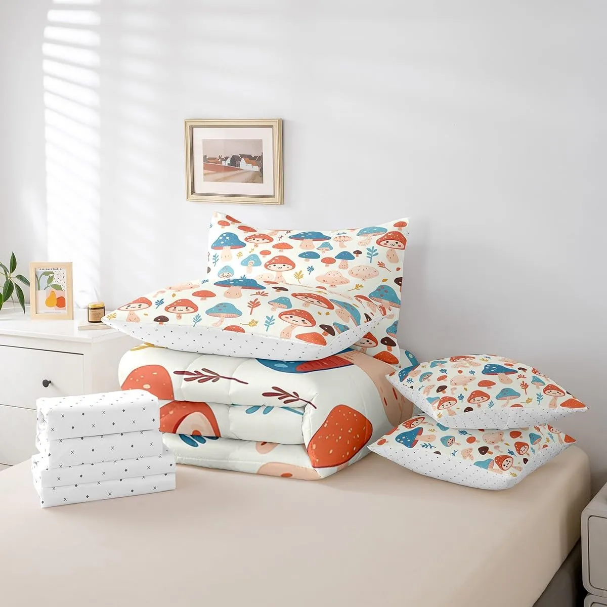 Feelyou Mushrooms Comforter Set Twin Size 7 Pieces Botanical Plants Print Bedding Set for All Season Kawaii Fungus Nature Theme Bed in a Bag with Comforter, Sheets, Pillowcases & Cushion Cover