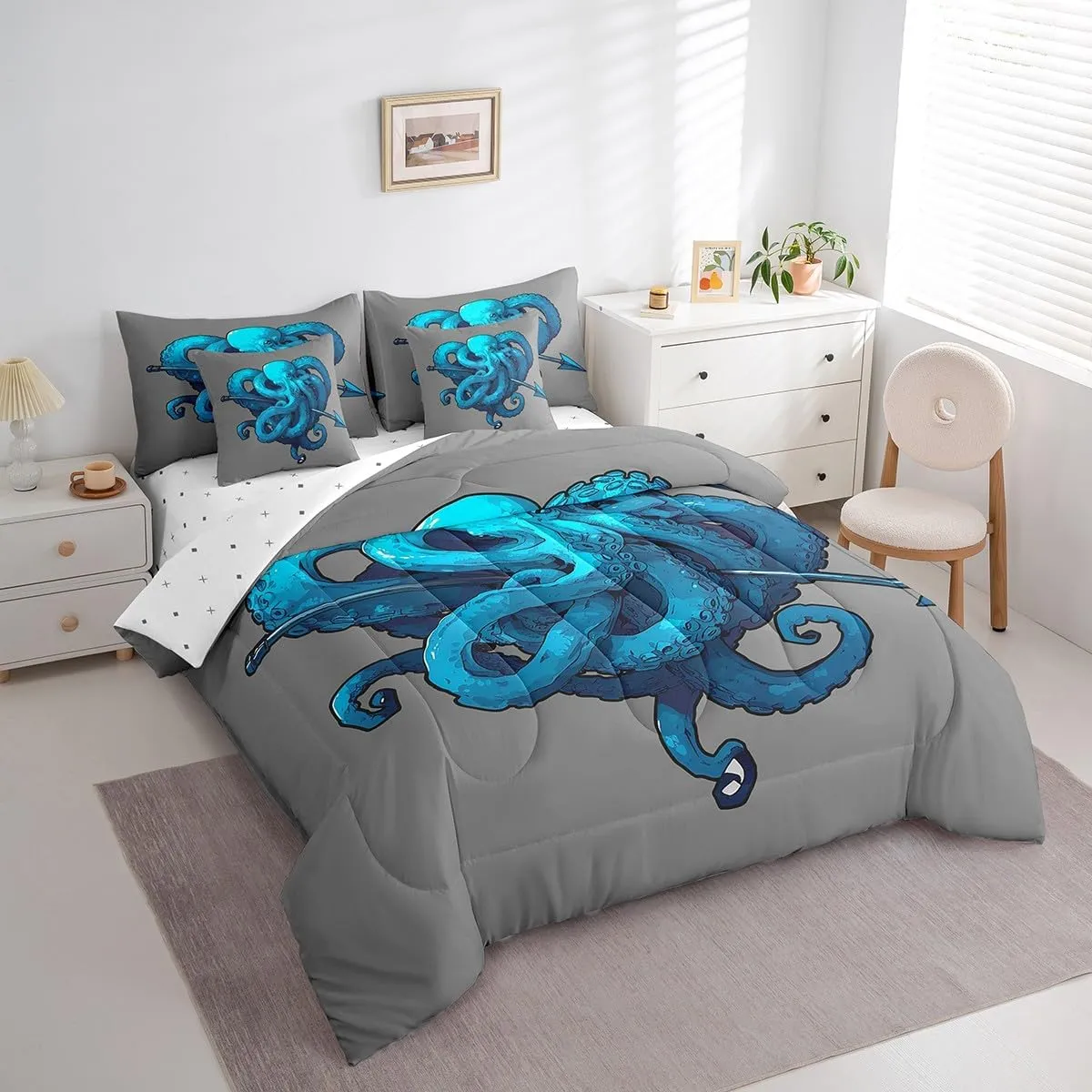 Feelyou Octopus Anchor Bedding Set Ocean Kraken Bed in a Bag Octopus Tentacles Comforter Set Full Size 7 Pieces Bed Set with Comforter, Sheet Set, Pillowcases, Pillow Covers Abstract Gray