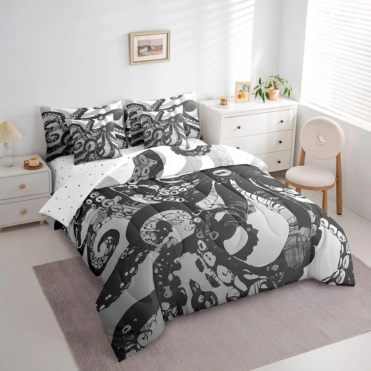 Feelyou Octopus Bed in a Bag Ocean Kraken Bedding Set for Kids Teens Octopus Tentacles Comforter Set Twin Size 7 Pieces Sea Marine Bed Set with Comforter, Sheet Set, Pillowcases, Pillow Covers