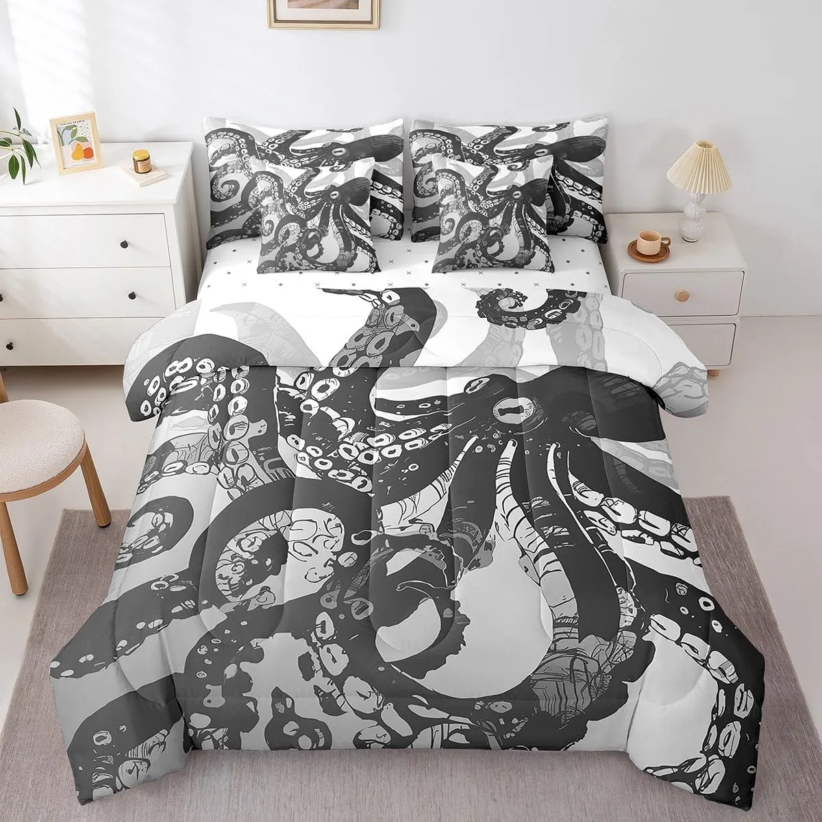 Feelyou Octopus Bed in a Bag Ocean Kraken Bedding Set for Kids Teens Octopus Tentacles Comforter Set Twin Size 7 Pieces Sea Marine Bed Set with Comforter, Sheet Set, Pillowcases, Pillow Covers
