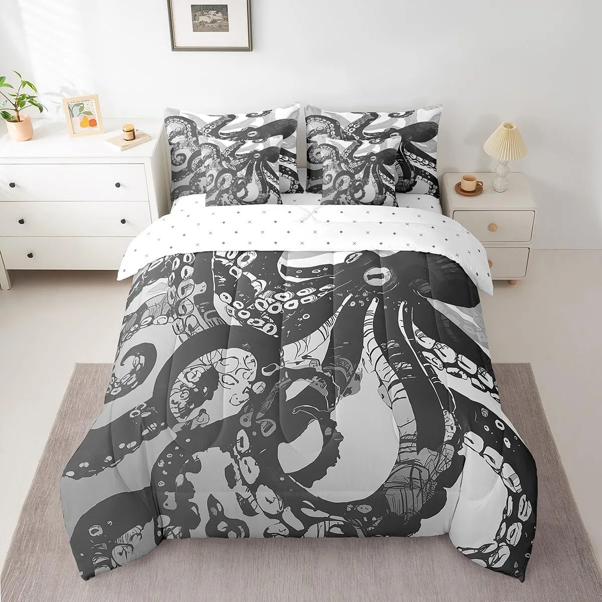Feelyou Octopus Bed in a Bag Ocean Kraken Bedding Set for Kids Teens Octopus Tentacles Comforter Set Twin Size 7 Pieces Sea Marine Bed Set with Comforter, Sheet Set, Pillowcases, Pillow Covers