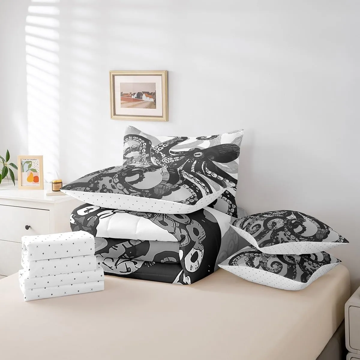 Feelyou Octopus Bed in a Bag Ocean Kraken Bedding Set for Kids Teens Octopus Tentacles Comforter Set Twin Size 7 Pieces Sea Marine Bed Set with Comforter, Sheet Set, Pillowcases, Pillow Covers