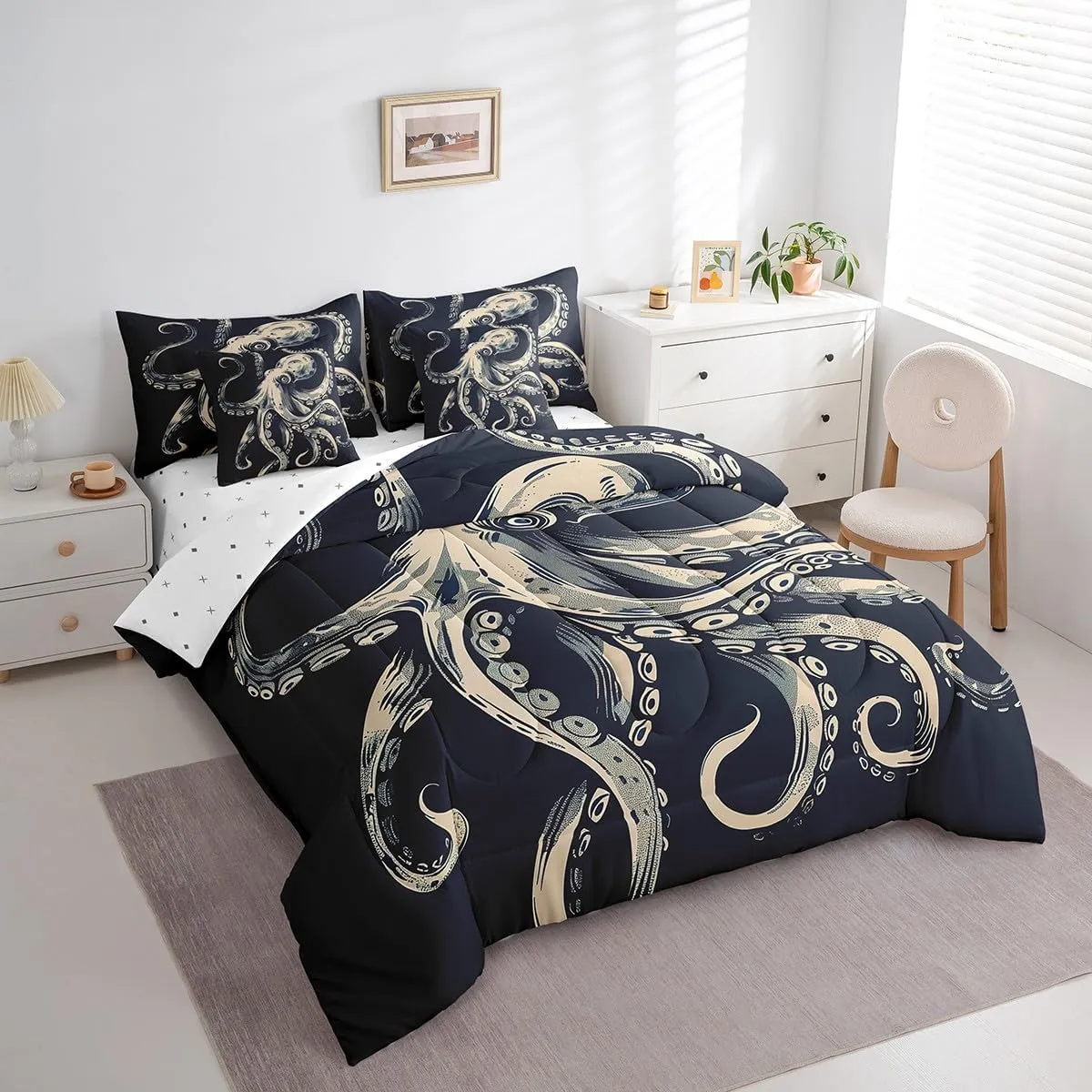 Feelyou Octopus Bedding Set Ocean Kraken Bed in a Bag for Kids Boys Girls Teens Decor Octopus Tentacles Comforter Set Full Size 7 Pieces Bed Set with Comforter, Sheet Set, Pillowcases, Pillow Covers