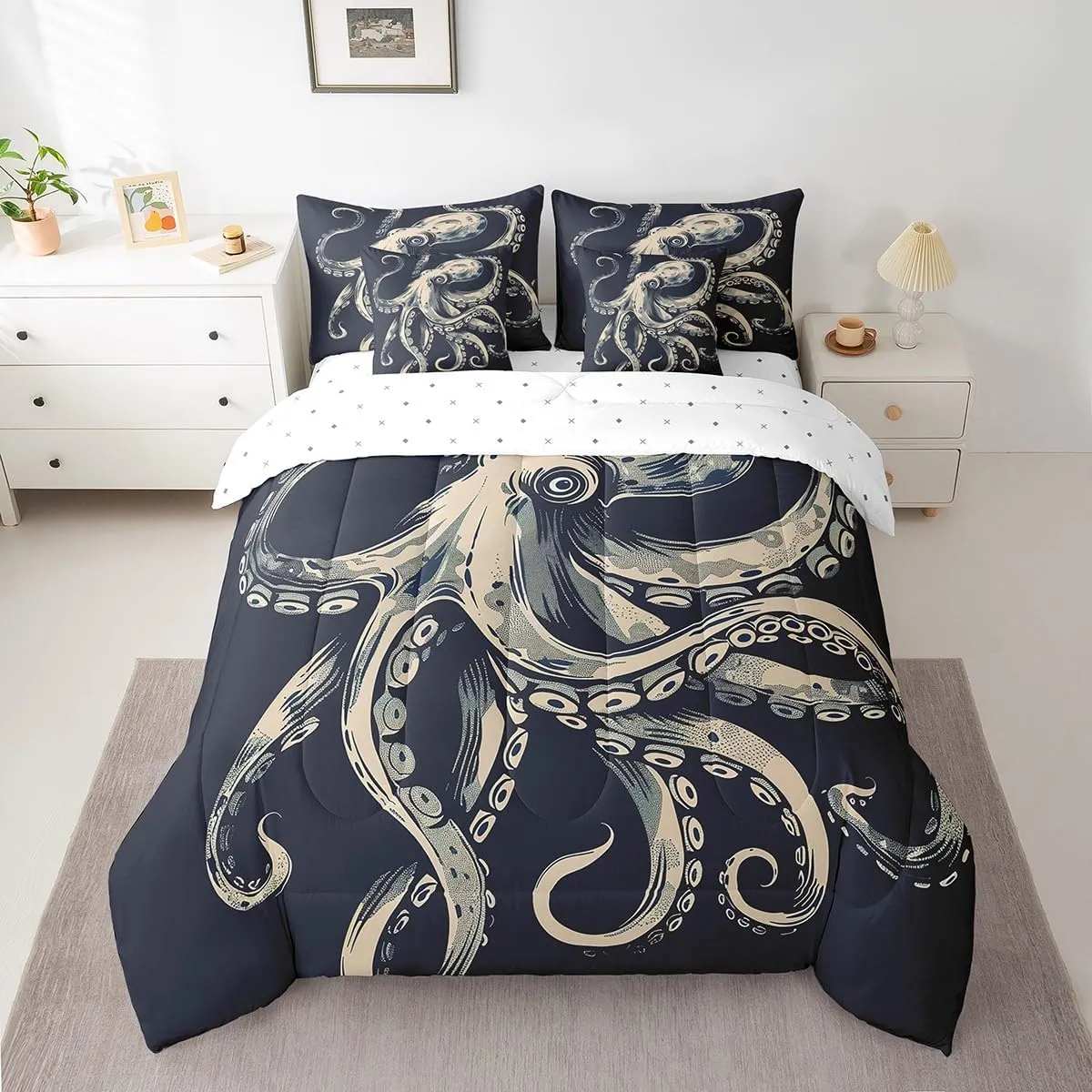 Feelyou Octopus Bedding Set Ocean Kraken Bed in a Bag for Kids Boys Girls Teens Decor Octopus Tentacles Comforter Set Full Size 7 Pieces Bed Set with Comforter, Sheet Set, Pillowcases, Pillow Covers