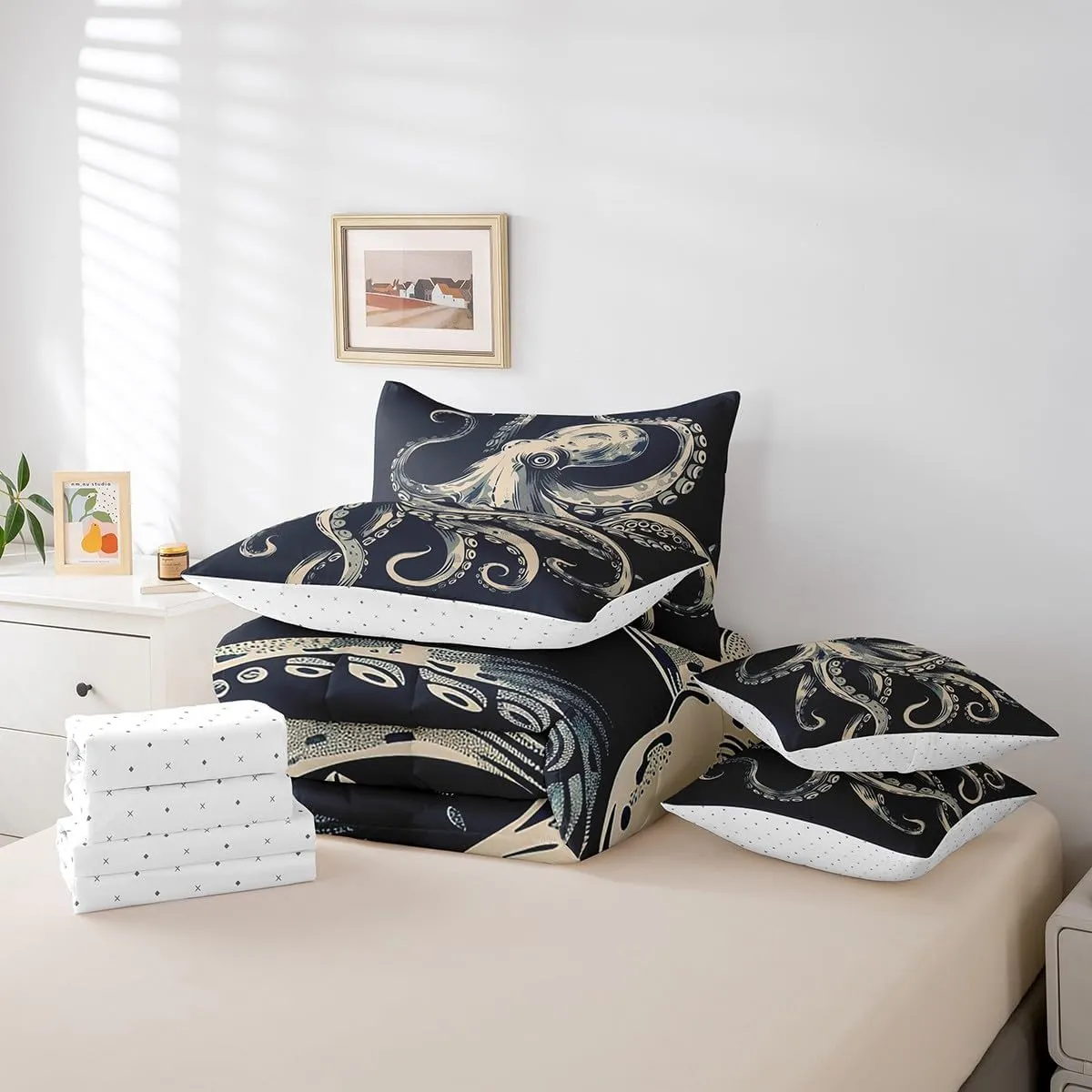 Feelyou Octopus Bedding Set Ocean Kraken Bed in a Bag for Kids Boys Girls Teens Decor Octopus Tentacles Comforter Set Full Size 7 Pieces Bed Set with Comforter, Sheet Set, Pillowcases, Pillow Covers