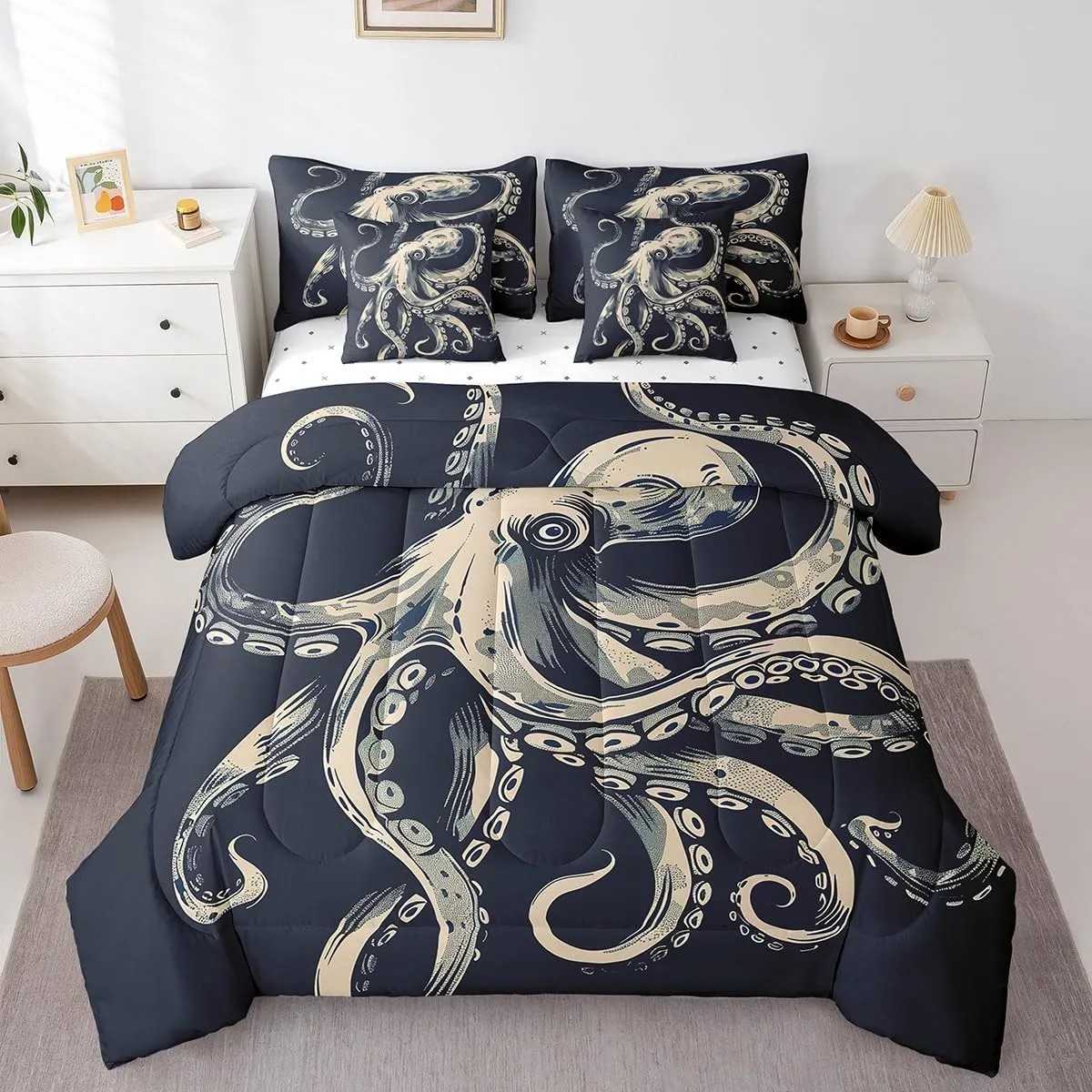 Feelyou Octopus Bedding Set Ocean Kraken Bed in a Bag for Kids Boys Girls Teens Decor Octopus Tentacles Comforter Set Full Size 7 Pieces Bed Set with Comforter, Sheet Set, Pillowcases, Pillow Covers
