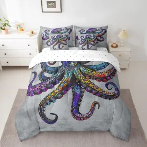 Feelyou Octopus Bedding Set Ocean Kraken Comforter Set King Size 7 Pieces Boho Purple Octopus Tentacles Bed in a Bag Sea Marine Animal Bed Set with Comforter, Sheet Set, Pillowcases, Pillow Covers
