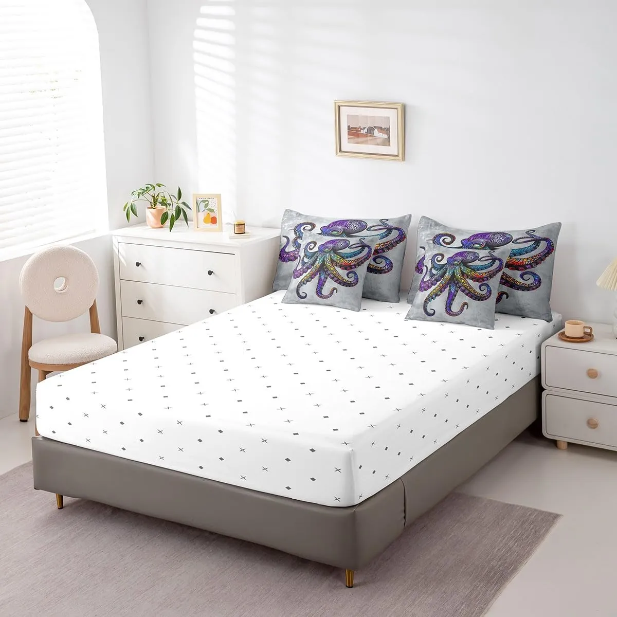 Feelyou Octopus Bedding Set Ocean Kraken Comforter Set King Size 7 Pieces Boho Purple Octopus Tentacles Bed in a Bag Sea Marine Animal Bed Set with Comforter, Sheet Set, Pillowcases, Pillow Covers