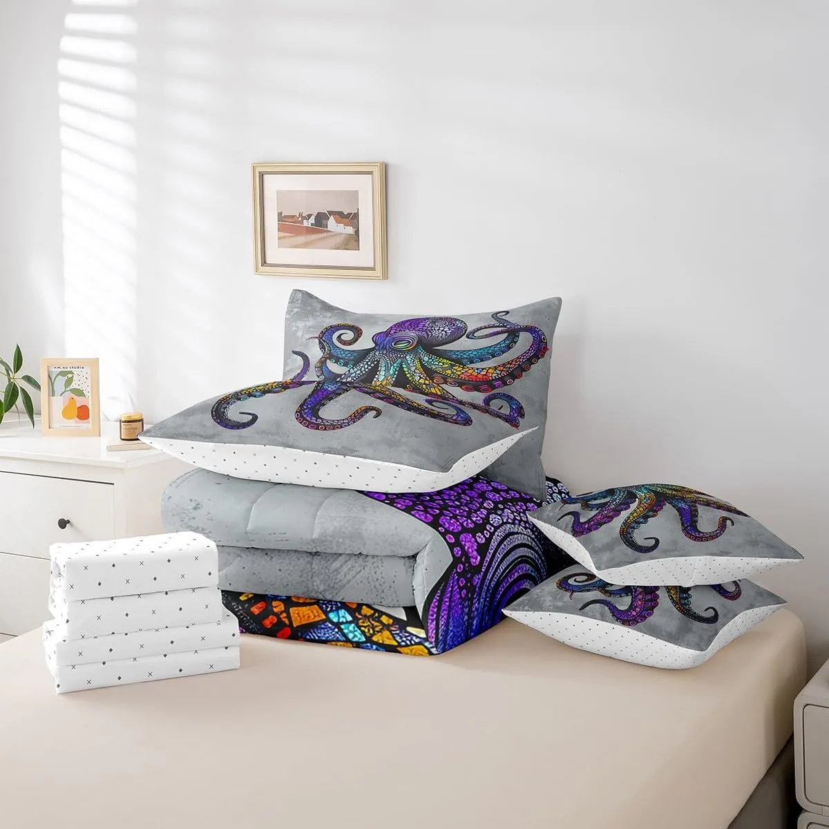 Feelyou Octopus Bedding Set Ocean Kraken Comforter Set King Size 7 Pieces Boho Purple Octopus Tentacles Bed in a Bag Sea Marine Animal Bed Set with Comforter, Sheet Set, Pillowcases, Pillow Covers