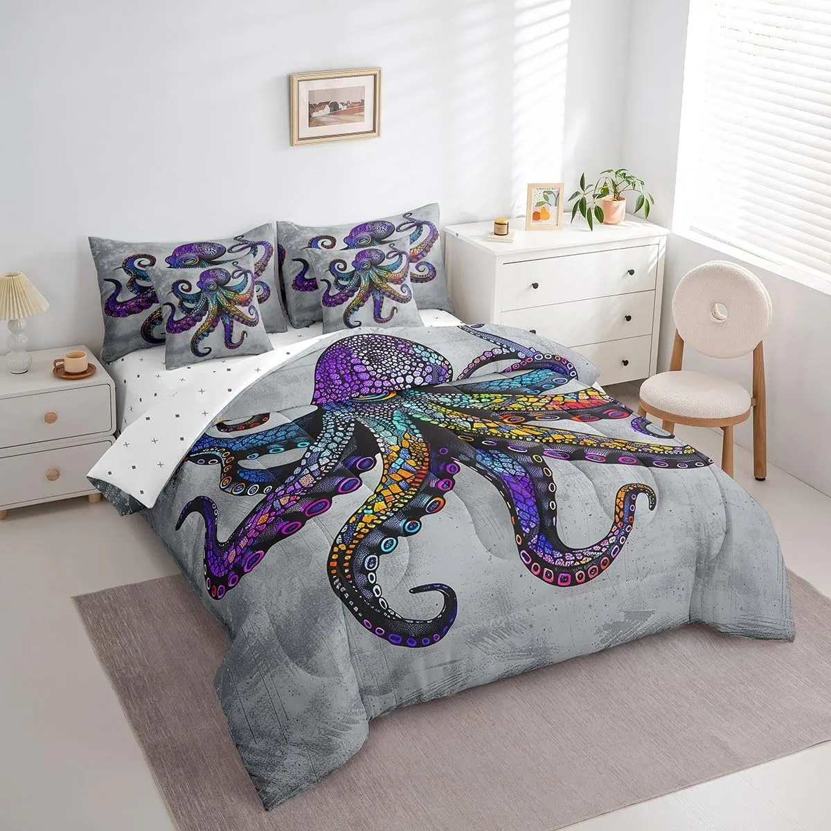 Feelyou Octopus Bedding Set Ocean Kraken Comforter Set King Size 7 Pieces Boho Purple Octopus Tentacles Bed in a Bag Sea Marine Animal Bed Set with Comforter, Sheet Set, Pillowcases, Pillow Covers