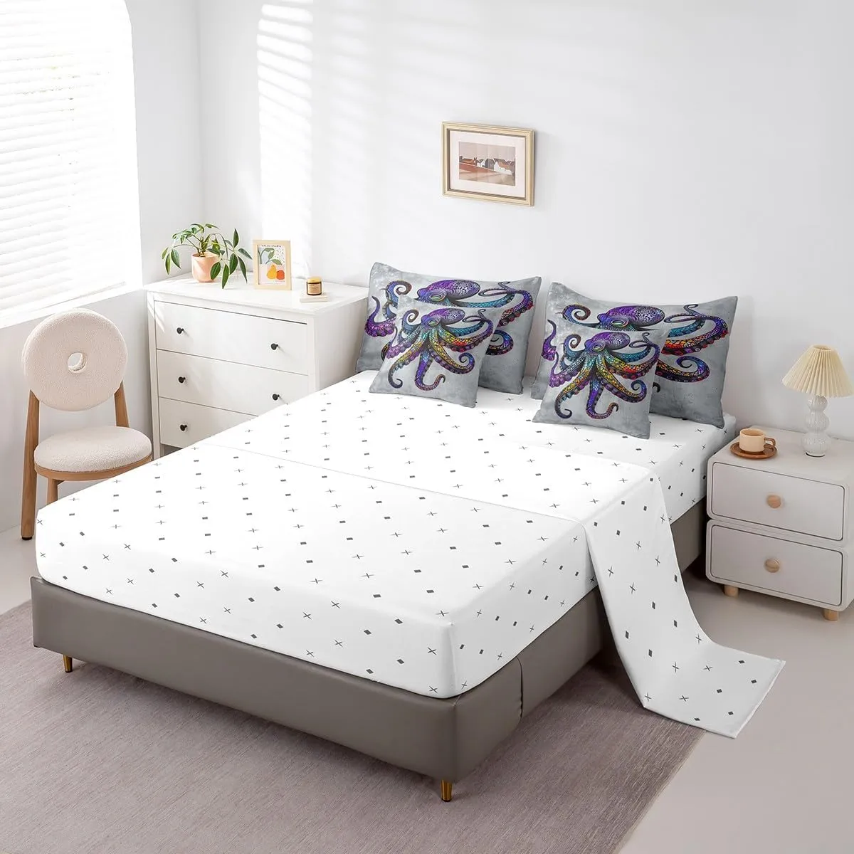 Feelyou Octopus Bedding Set Ocean Kraken Comforter Set King Size 7 Pieces Boho Purple Octopus Tentacles Bed in a Bag Sea Marine Animal Bed Set with Comforter, Sheet Set, Pillowcases, Pillow Covers