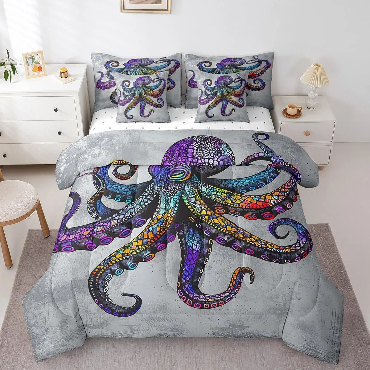 Feelyou Octopus Bedding Set Ocean Kraken Comforter Set King Size 7 Pieces Boho Purple Octopus Tentacles Bed in a Bag Sea Marine Animal Bed Set with Comforter, Sheet Set, Pillowcases, Pillow Covers