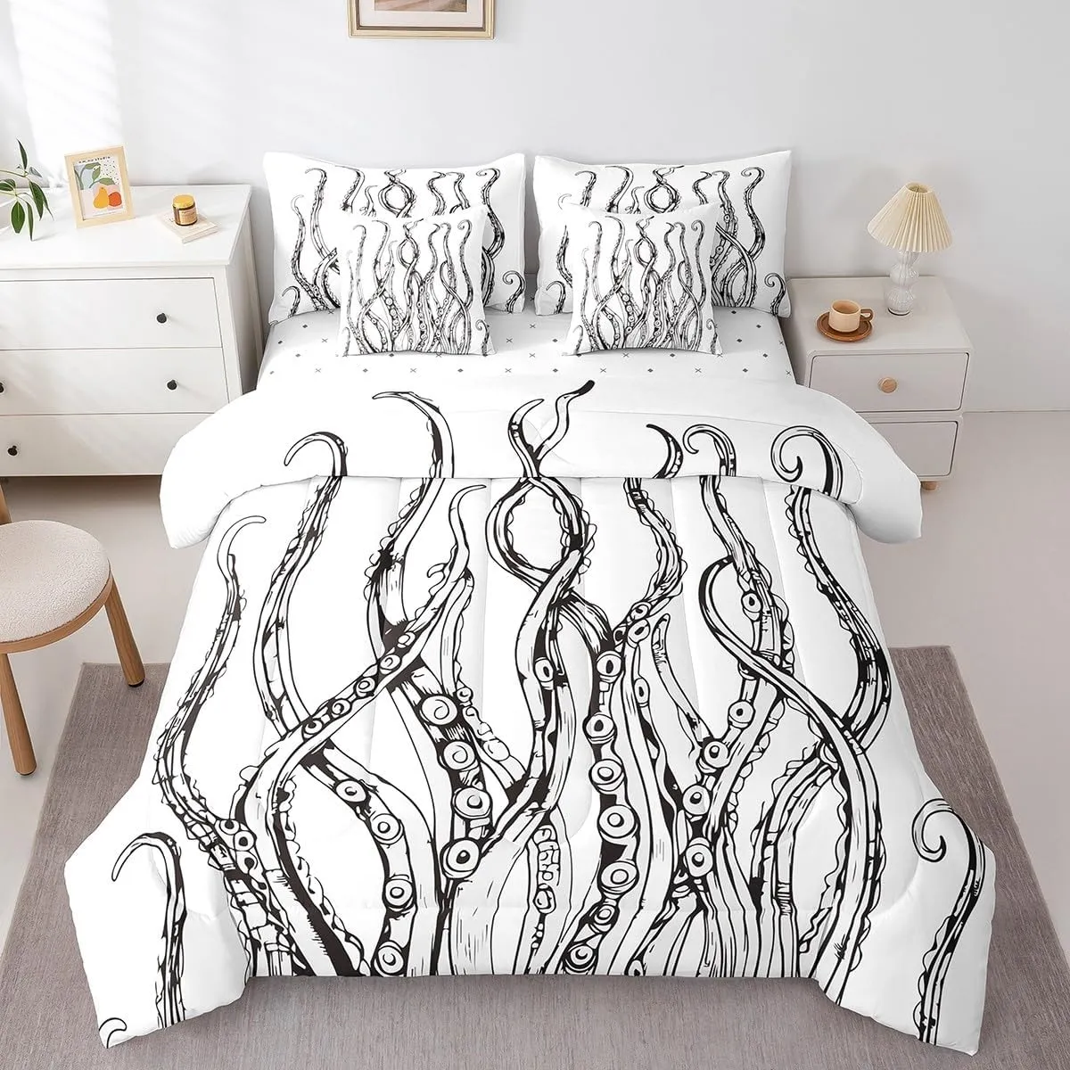 Feelyou Octopus Tentacles Bed in a Bag Ocean Kraken Bedding Set for Kids Sea Marine Comforter Set Twin Size 7 Pieces Underwater Animal Bed Set with Comforter, Sheet Set, Pillowcases, Pillow Covers