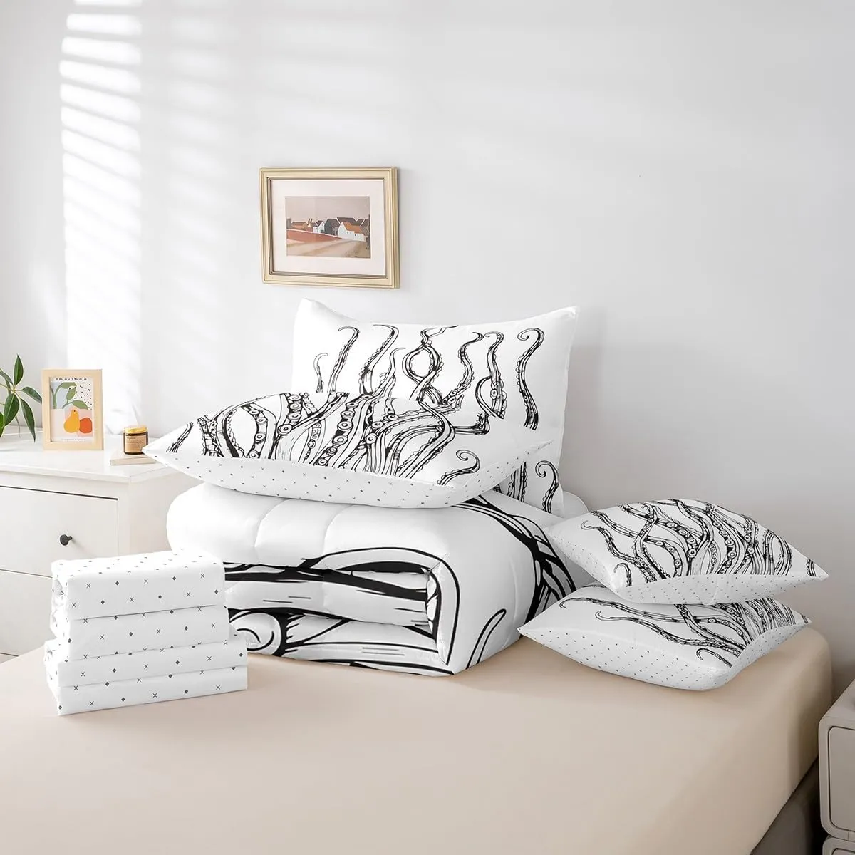 Feelyou Octopus Tentacles Bed in a Bag Ocean Kraken Bedding Set for Kids Sea Marine Comforter Set Twin Size 7 Pieces Underwater Animal Bed Set with Comforter, Sheet Set, Pillowcases, Pillow Covers