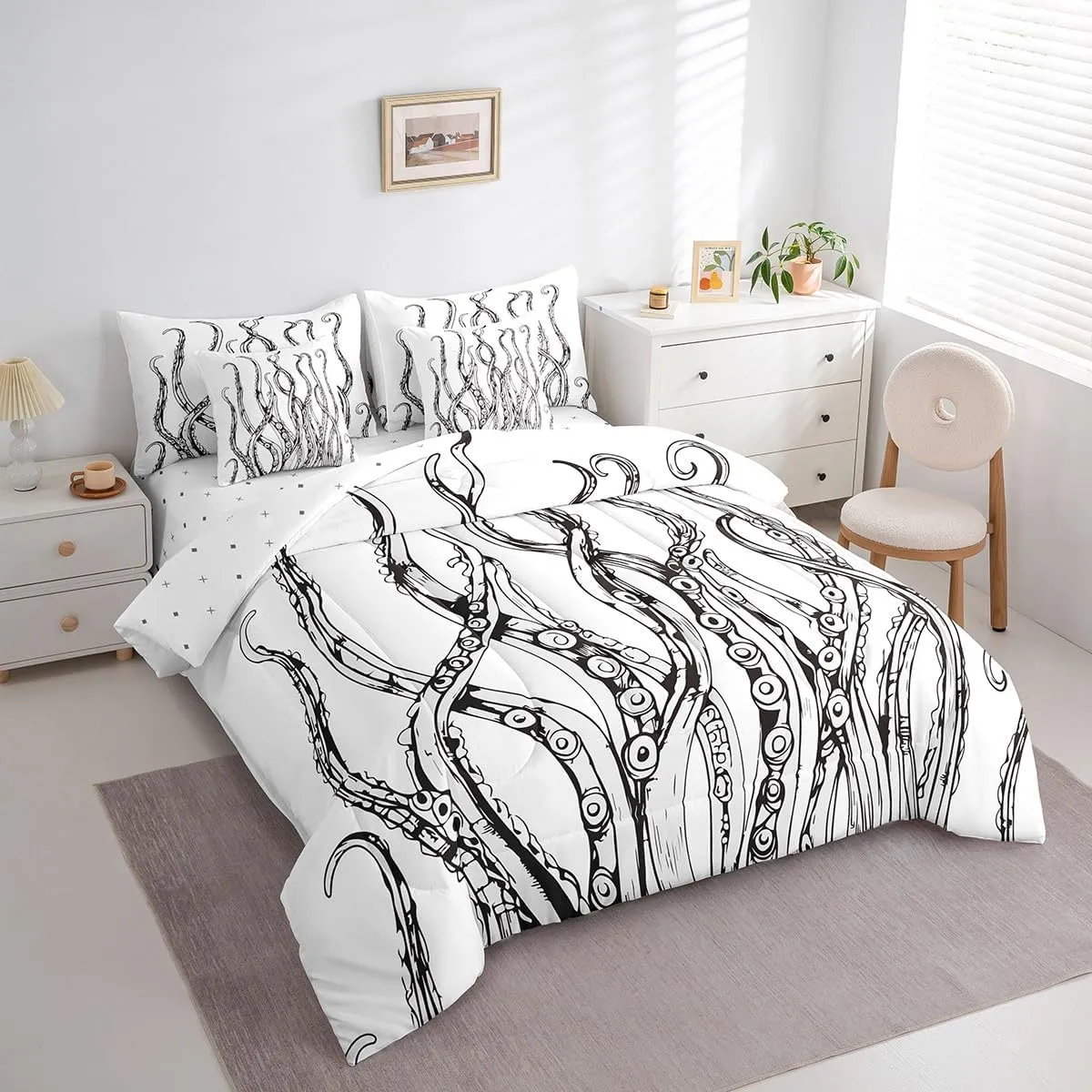 Feelyou Octopus Tentacles Bed in a Bag Ocean Kraken Bedding Set for Kids Sea Marine Comforter Set Twin Size 7 Pieces Underwater Animal Bed Set with Comforter, Sheet Set, Pillowcases, Pillow Covers