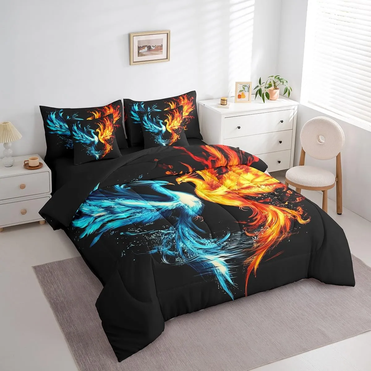 Feelyou Phoenix Comforter Set 7 Pieces King Size Ice Fire Phoenix Bedding Set Decor Magic Bird Ancient Wildlife Cute Animal Bed in a Bag Blue Red Bed Set with Comforter, Sheet Set, Pillowcases
