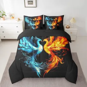 Feelyou Phoenix Comforter Set 7 Pieces King Size Ice Fire Phoenix Bedding Set Decor Magic Bird Ancient Wildlife Cute Animal Bed in a Bag Blue Red Bed Set with Comforter, Sheet Set, Pillowcases