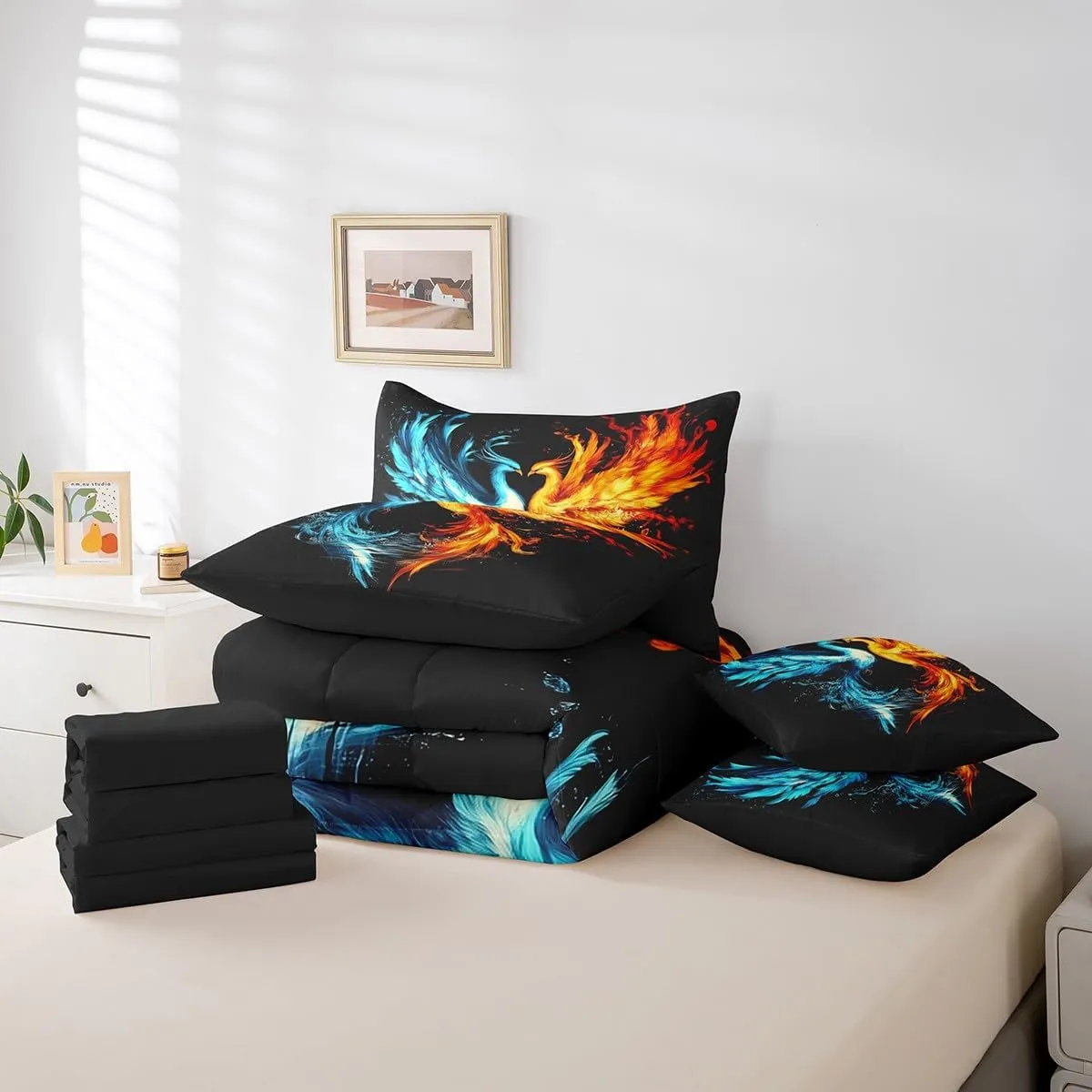 Feelyou Phoenix Comforter Set 7 Pieces King Size Ice Fire Phoenix Bedding Set Decor Magic Bird Ancient Wildlife Cute Animal Bed in a Bag Blue Red Bed Set with Comforter, Sheet Set, Pillowcases