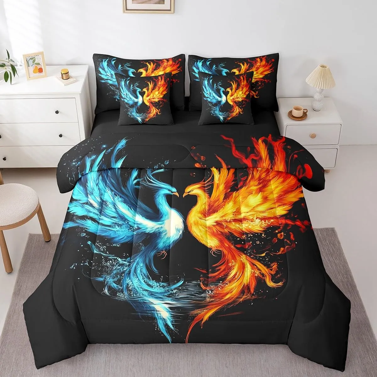 Feelyou Phoenix Comforter Set 7 Pieces King Size Ice Fire Phoenix Bedding Set Decor Magic Bird Ancient Wildlife Cute Animal Bed in a Bag Blue Red Bed Set with Comforter, Sheet Set, Pillowcases