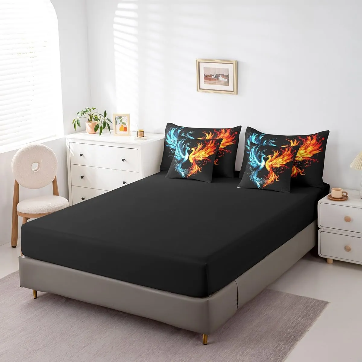 Feelyou Phoenix Comforter Set 7 Pieces King Size Ice Fire Phoenix Bedding Set Decor Magic Bird Ancient Wildlife Cute Animal Bed in a Bag Blue Red Bed Set with Comforter, Sheet Set, Pillowcases