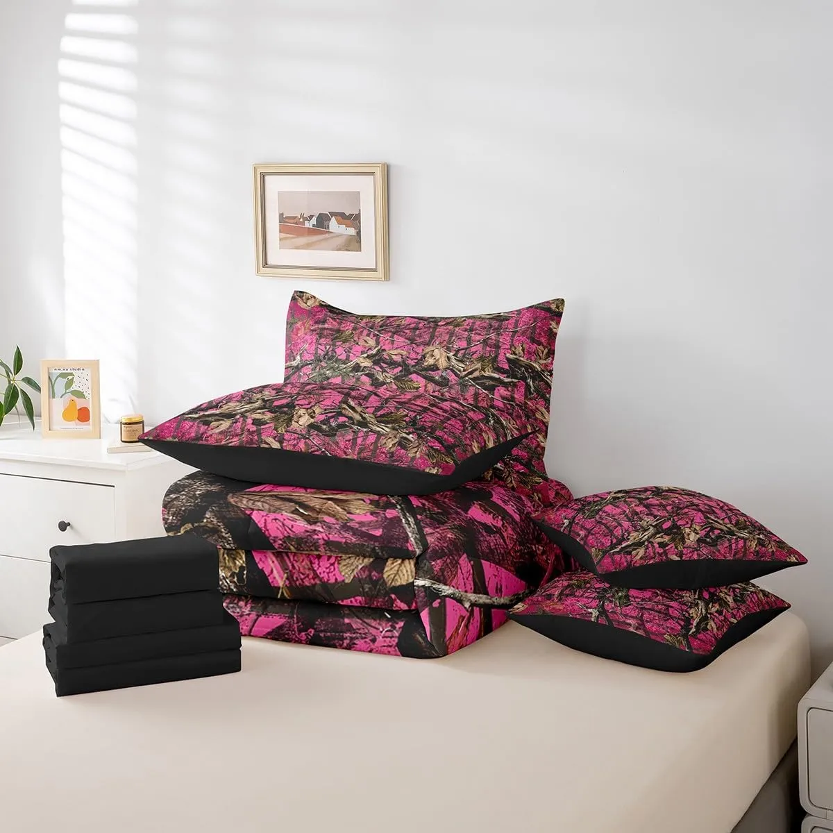 Feelyou Pink Camouflage King Comforter Set with Sheets All Purpose Camo 7 Pieces Bedding Set for Hunters Cabin or Rustic Lodge Boys Girls Rustic Farmhouse Bed in a Bag The Woods Camouflage Bed Set