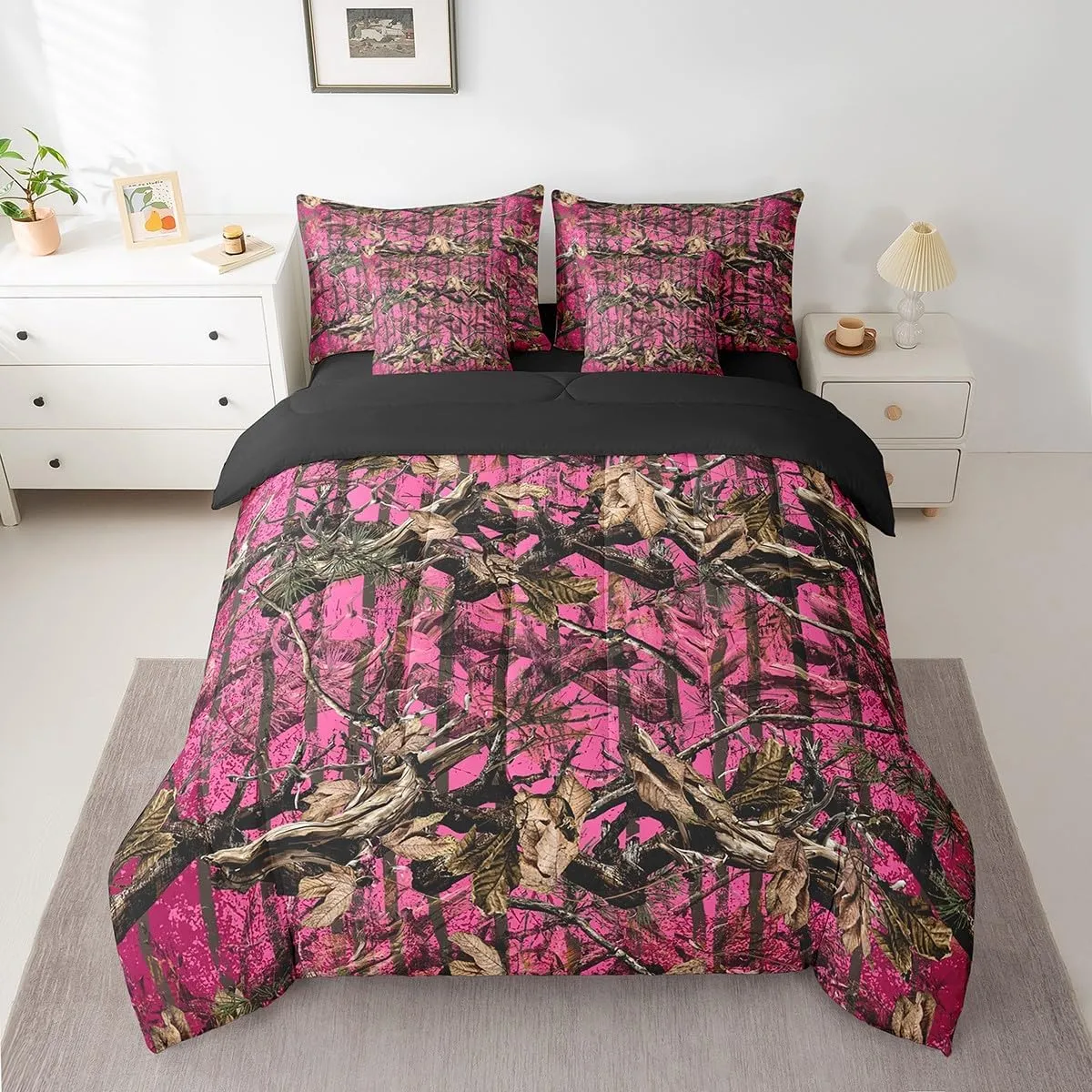 Feelyou Pink Camouflage King Comforter Set with Sheets All Purpose Camo 7 Pieces Bedding Set for Hunters Cabin or Rustic Lodge Boys Girls Rustic Farmhouse Bed in a Bag The Woods Camouflage Bed Set