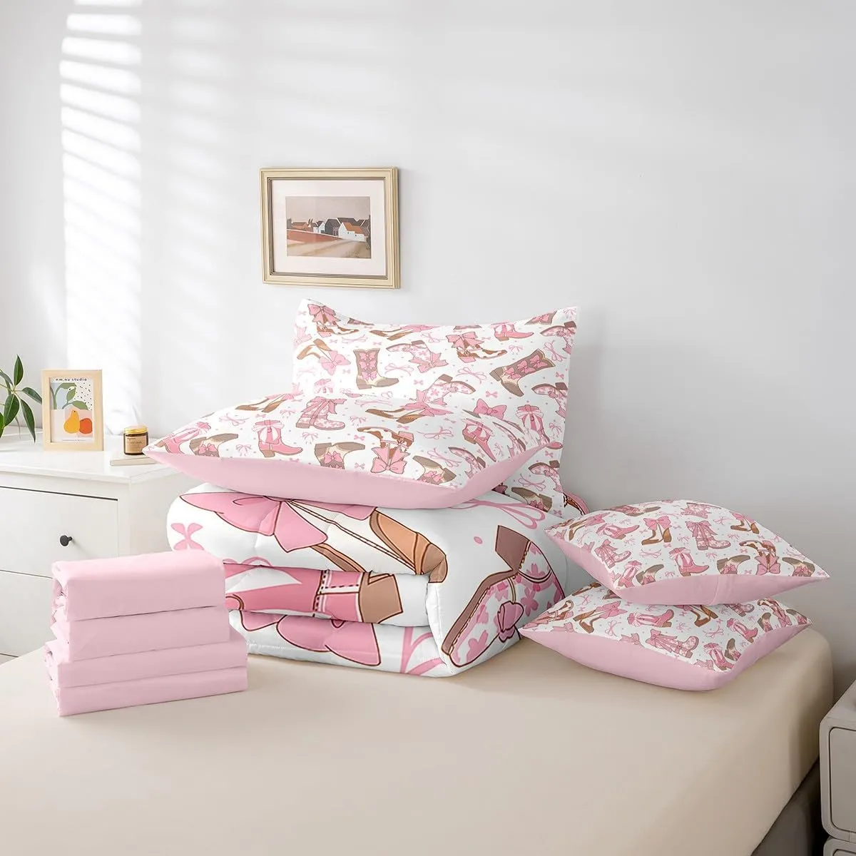 Feelyou Pink Western Bedding Set All Season Cowgirl Cowboy Boots Comforter Set 7 Pieces Cute Bowknot Dreamy Princess Style Bed in a Bag Full Size Girly Bed Set with Comforter, Sheet Set, Pillowcases