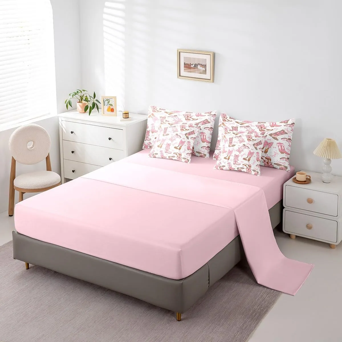 Feelyou Pink Western Bedding Set All Season Cowgirl Cowboy Boots Comforter Set 7 Pieces Cute Bowknot Dreamy Princess Style Bed in a Bag Full Size Girly Bed Set with Comforter, Sheet Set, Pillowcases