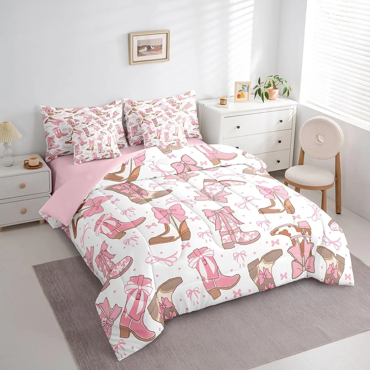 Feelyou Pink Western Bedding Set All Season Cowgirl Cowboy Boots Comforter Set 7 Pieces Cute Bowknot Dreamy Princess Style Bed in a Bag Full Size Girly Bed Set with Comforter, Sheet Set, Pillowcases