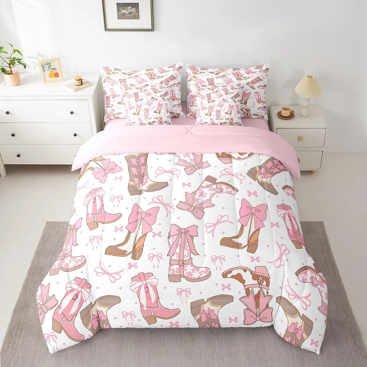Feelyou Pink Western Bedding Set All Season Cowgirl Cowboy Boots Comforter Set 7 Pieces Cute Bowknot Dreamy Princess Style Bed in a Bag Full Size Girly Bed Set with Comforter, Sheet Set, Pillowcases