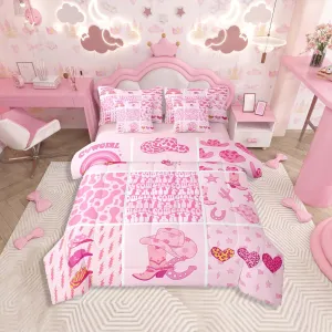 Feelyou Pink Western Decor Bed in a Bag Twin Size Wild West Cowgirl Comforter Set 7 Pieces Cowgirl Boots Hats Horseshoes Bedding Set Patchwork Grid Bed Set with Comforter, Sheet Set, Pillowcases