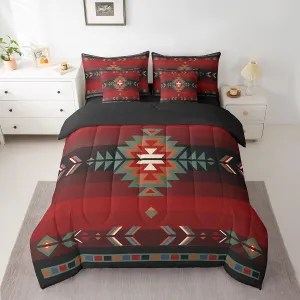 Feelyou Queen Size Southwest Native Design 7 Piece Bedding Set Southwestern Geometric 7 Piece Bedding Set Tribal Bed Set Includes Comforter, Sheet Set, Pillowcases & Pillow Covers Red Green
