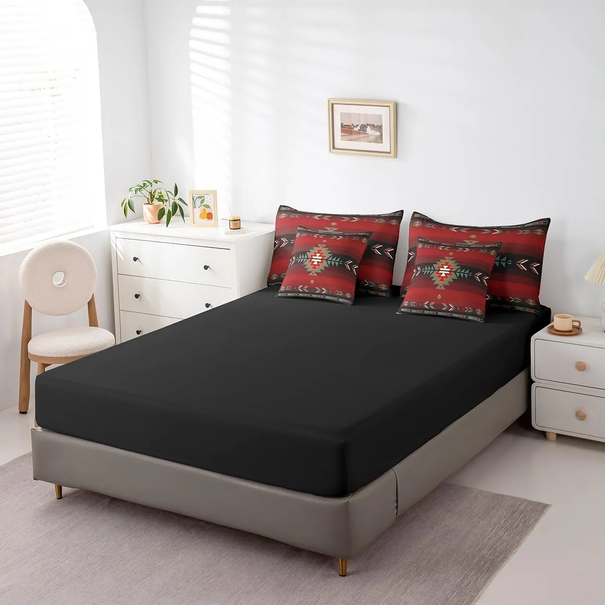 Feelyou Queen Size Southwest Native Design 7 Piece Bedding Set Southwestern Geometric 7 Piece Bedding Set Tribal Bed Set Includes Comforter, Sheet Set, Pillowcases & Pillow Covers Red Green