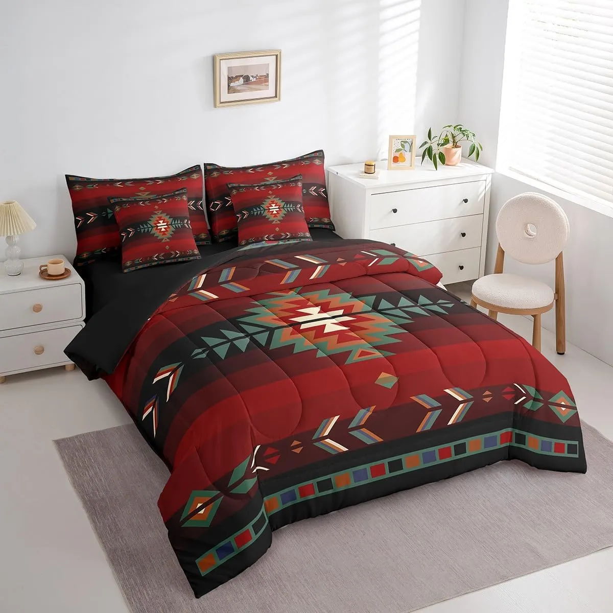 Feelyou Queen Size Southwest Native Design 7 Piece Bedding Set Southwestern Geometric 7 Piece Bedding Set Tribal Bed Set Includes Comforter, Sheet Set, Pillowcases & Pillow Covers Red Green