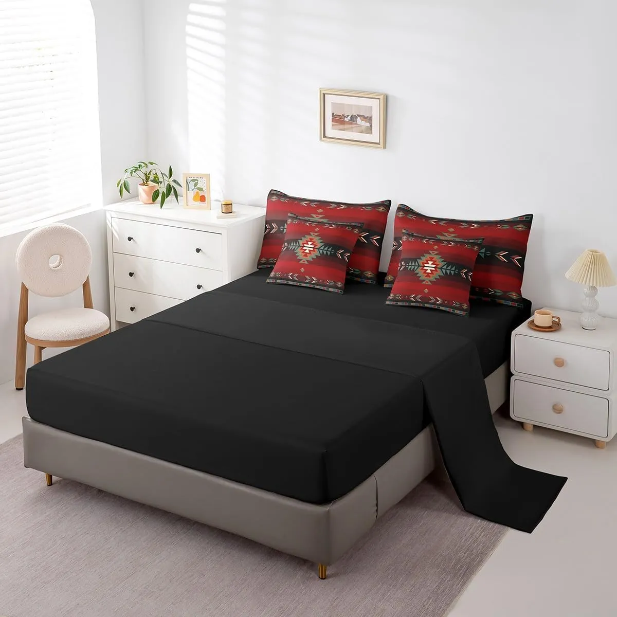 Feelyou Queen Size Southwest Native Design 7 Piece Bedding Set Southwestern Geometric 7 Piece Bedding Set Tribal Bed Set Includes Comforter, Sheet Set, Pillowcases & Pillow Covers Red Green