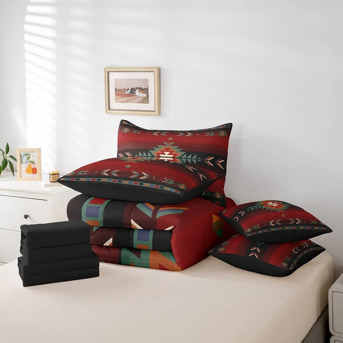 Feelyou Queen Size Southwest Native Design 7 Piece Bedding Set Southwestern Geometric 7 Piece Bedding Set Tribal Bed Set Includes Comforter, Sheet Set, Pillowcases & Pillow Covers Red Green