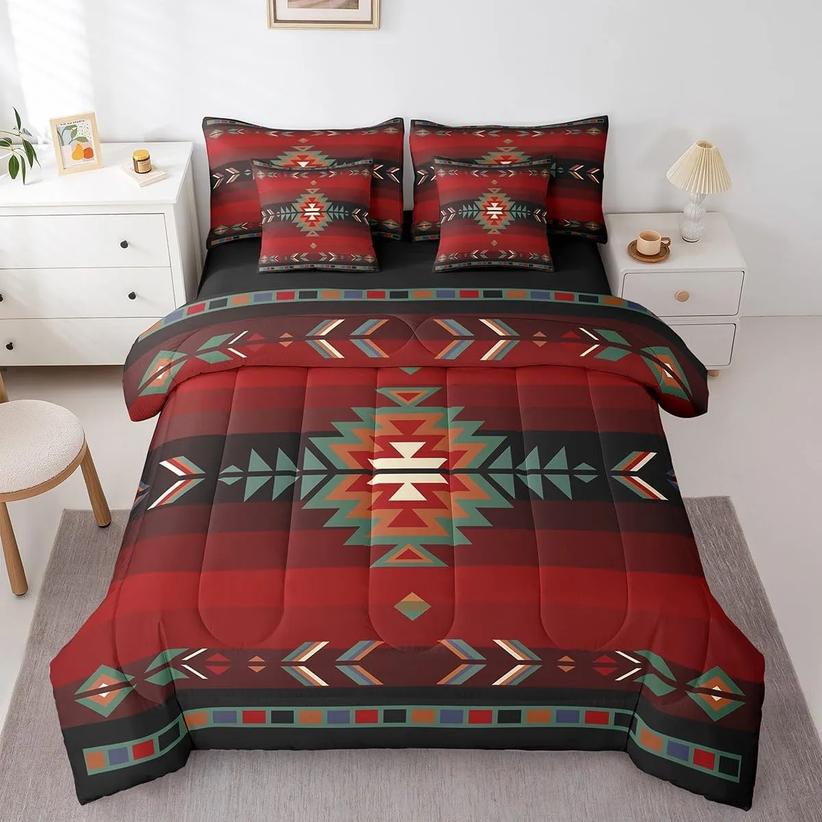 Feelyou Queen Size Southwest Native Design 7 Piece Bedding Set Southwestern Geometric 7 Piece Bedding Set Tribal Bed Set Includes Comforter, Sheet Set, Pillowcases & Pillow Covers Red Green