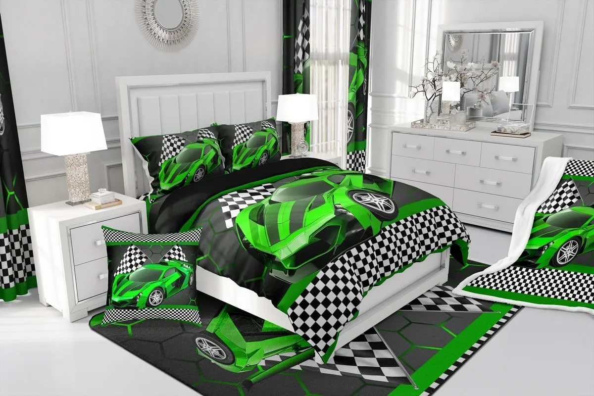 Feelyou Race Car Twin Comforter Set with Sheets for Kids Boys Black White Checkered Flag Print Bed in a Bag Extreme Sports Bedding Set 7 Piece Honeycomb Speed Sports Car Green Bed Set