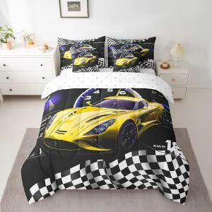 Feelyou Racing Car Bedding Set Twin Size 7 Pieces Yellow Sports Car Automobile Extreme Sport Comforter Set Plaid Checkered Bed in a Bag with Comforter, Sheets, Pillowcases & Cushion Cover Room Decor