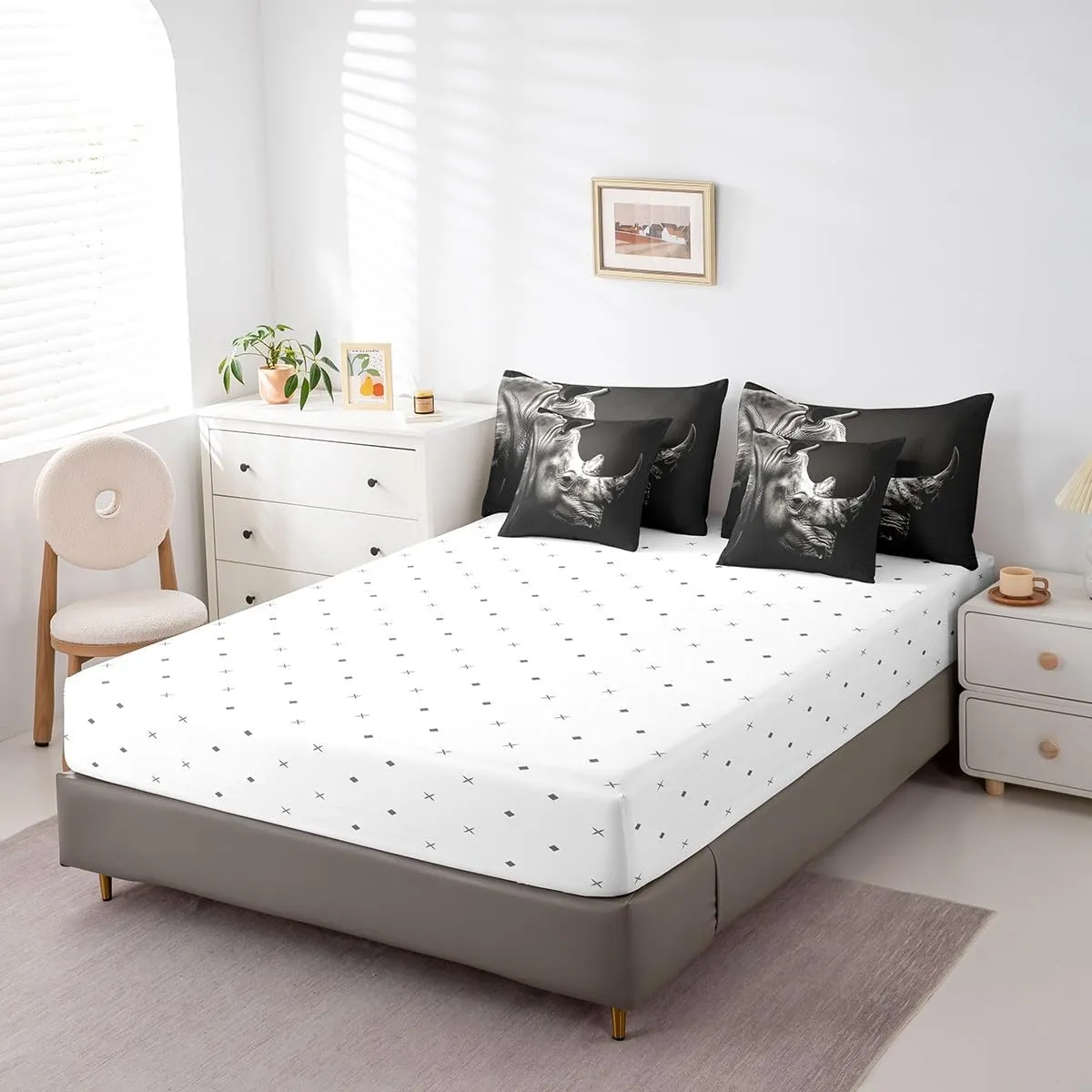 Feelyou Rhinoceros Bedding Set Wild Animal Bed in a Bag Gray Wildlife Comforter Set Twin Size 7 Pieces for Boys Girls Adults Black White Bed Set with Comforter, Sheet Set, Pillowcases, Pillow Covers