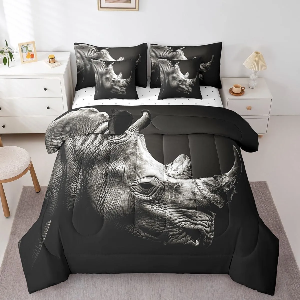 Feelyou Rhinoceros Bedding Set Wild Animal Bed in a Bag Gray Wildlife Comforter Set Twin Size 7 Pieces for Boys Girls Adults Black White Bed Set with Comforter, Sheet Set, Pillowcases, Pillow Covers