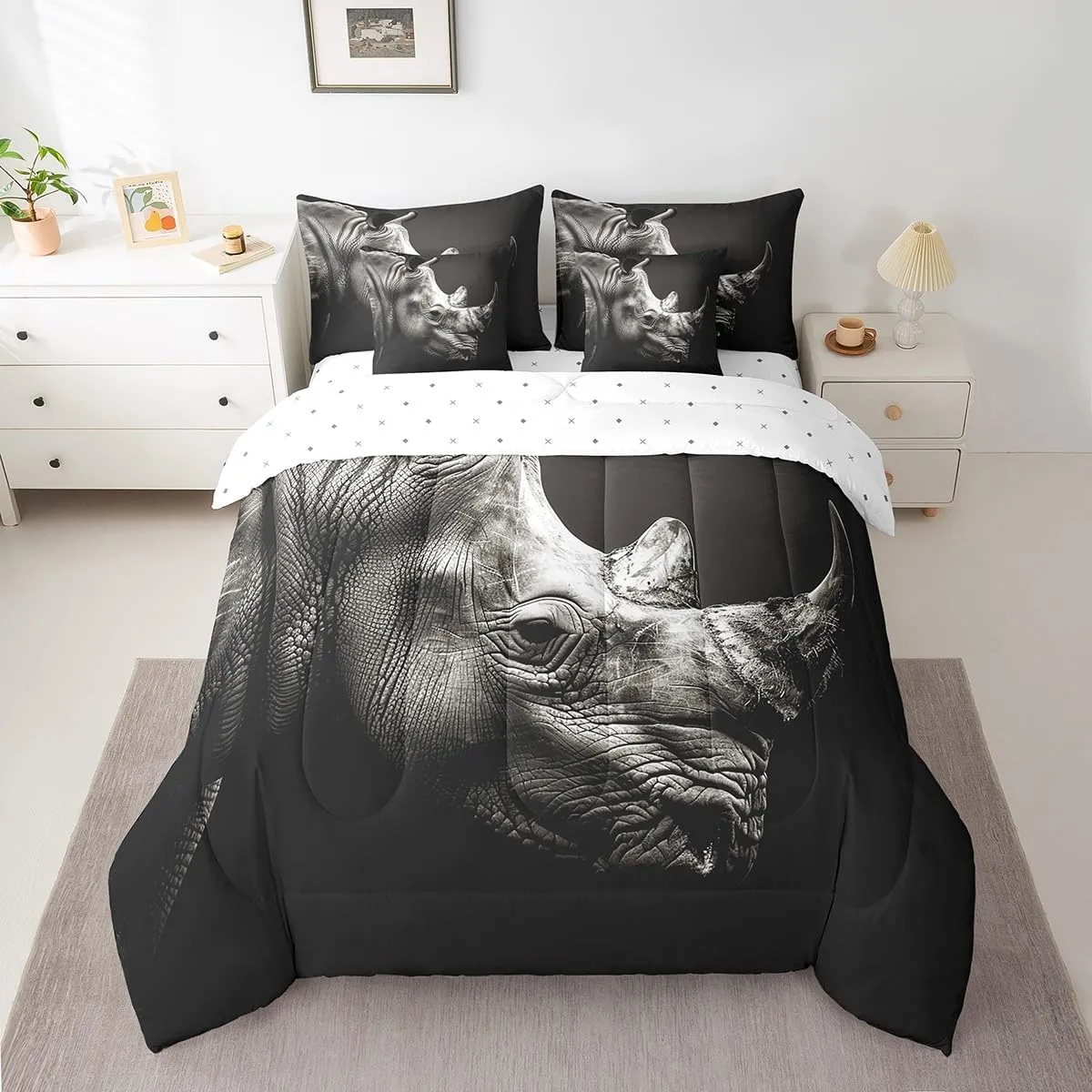 Feelyou Rhinoceros Bedding Set Wild Animal Bed in a Bag Gray Wildlife Comforter Set Twin Size 7 Pieces for Boys Girls Adults Black White Bed Set with Comforter, Sheet Set, Pillowcases, Pillow Covers