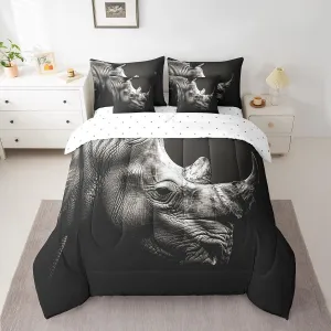 Feelyou Rhinoceros Bedding Set Wild Animal Bed in a Bag Gray Wildlife Comforter Set Twin Size 7 Pieces for Boys Girls Adults Black White Bed Set with Comforter, Sheet Set, Pillowcases, Pillow Covers