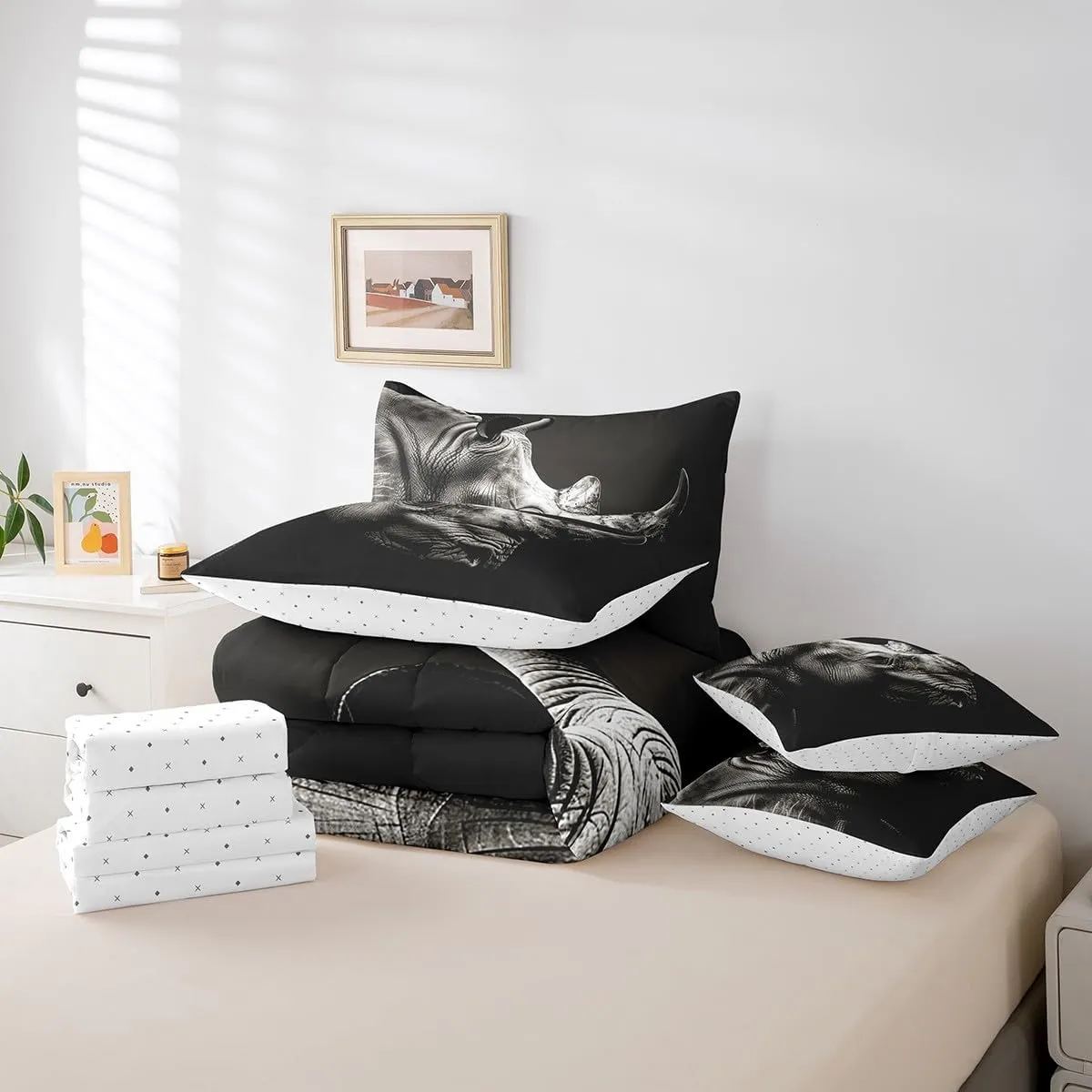 Feelyou Rhinoceros Bedding Set Wild Animal Bed in a Bag Gray Wildlife Comforter Set Twin Size 7 Pieces for Boys Girls Adults Black White Bed Set with Comforter, Sheet Set, Pillowcases, Pillow Covers