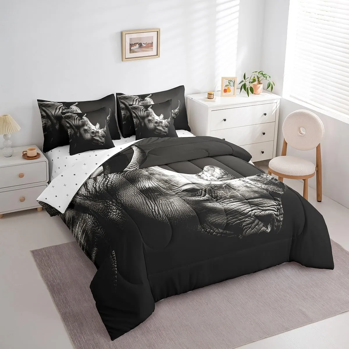 Feelyou Rhinoceros Bedding Set Wild Animal Bed in a Bag Gray Wildlife Comforter Set Twin Size 7 Pieces for Boys Girls Adults Black White Bed Set with Comforter, Sheet Set, Pillowcases, Pillow Covers