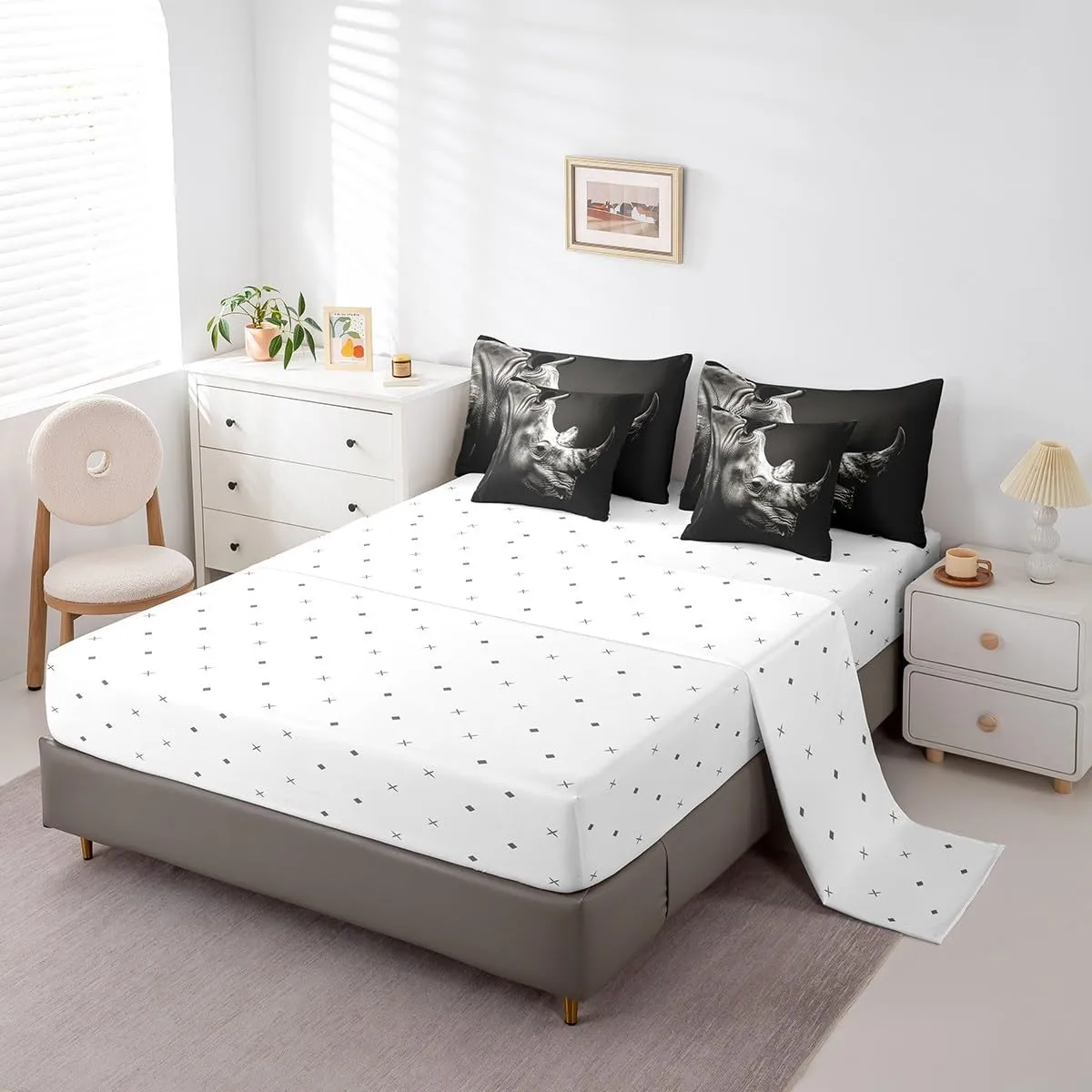 Feelyou Rhinoceros Bedding Set Wild Animal Bed in a Bag Gray Wildlife Comforter Set Twin Size 7 Pieces for Boys Girls Adults Black White Bed Set with Comforter, Sheet Set, Pillowcases, Pillow Covers